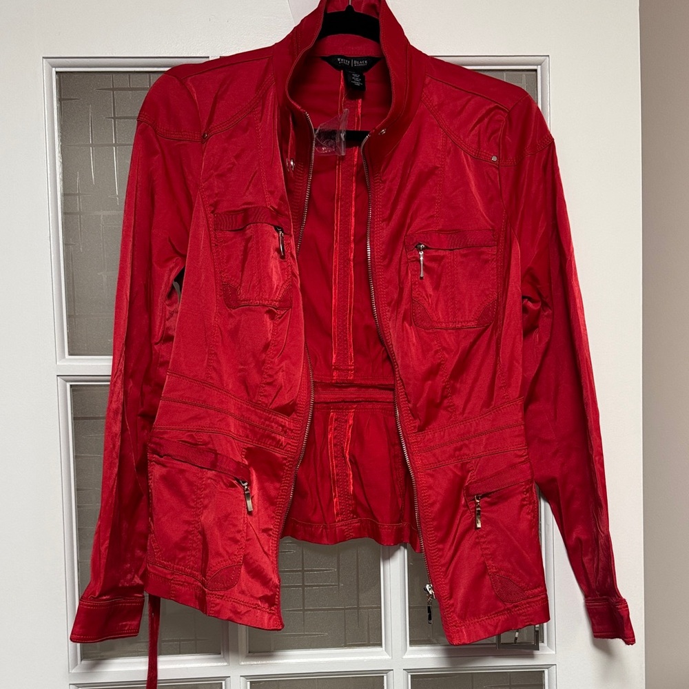 White House Black Market Red Utility Jacket with Zip Pockets